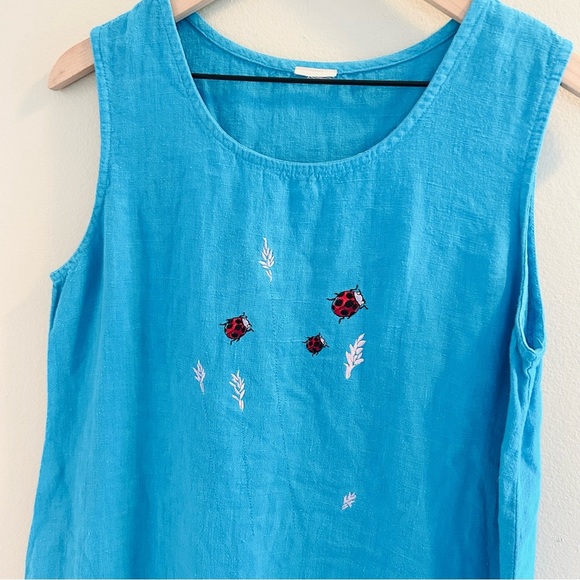 Vintage Ladybug Dress Size Large Sleeveless Midi Embroidered Bright Blue Flowy - Picture 2 of 6